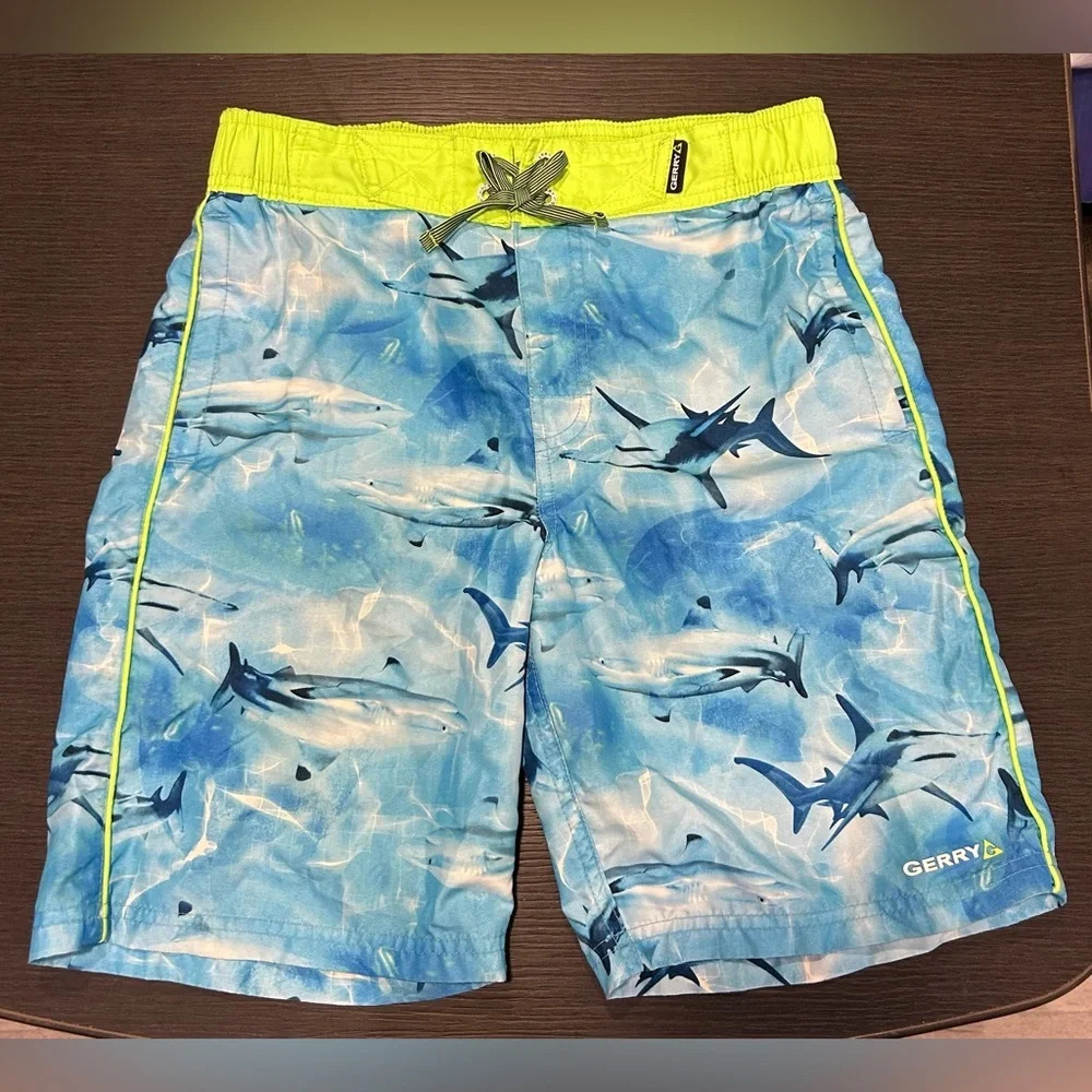 Gerry Youth Boys Shark Print Tie Waist w Pockets Swim Trunks Large 14-16‎